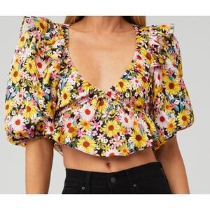 For Love & Lemons Women's Medium Top Floral Blouse Puff Sleeve Tie Front‎ Crop
